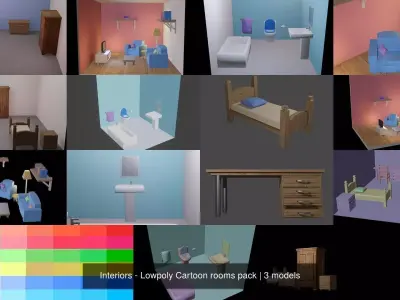 Interiors - Lowpoly Cartoon rooms pack 3D Model Collection
