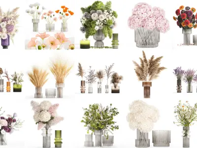 Collection of flower bouquets and vase set of 50 pieces 3D model