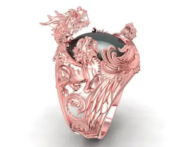 Luxury Feng Shui Men Ring with Dragon Qilin Turtle Phoenix  1921 3D print model