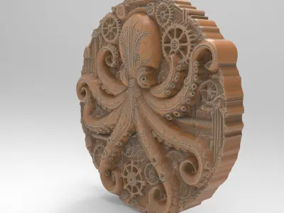 Steampunk Octopus Coin Plaque -Detailed Mechanical Decor 3D print model