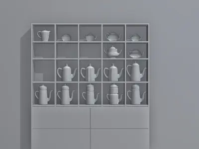 Pot collection wooden shelf with tea cups Free 3D model