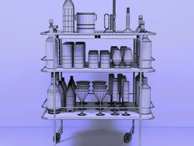 Set-148 bar cart with bottles and glasses 3D model