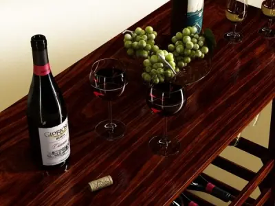 Wine Rack Table Bottles Cups and Grapes 3D model