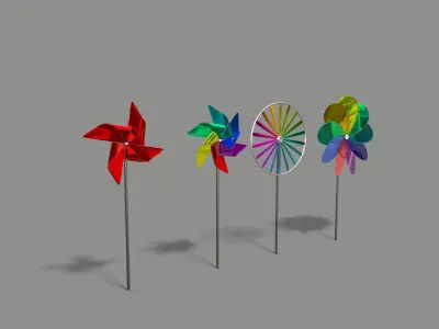 Pinwheel three colorful pinwheels on wooden stick Low-poly 3D model