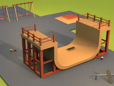 Skateboard skate park with ramp and swings Low-poly 3D model