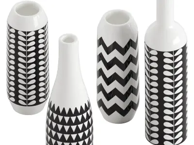 Set of 4 black and white patterned vases 3D model