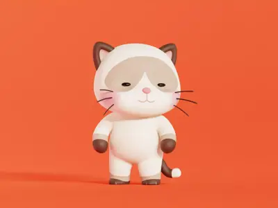 Cat Cartoon Character Rigged Animated Siamese Chibi Kawaii Low-poly 3D model