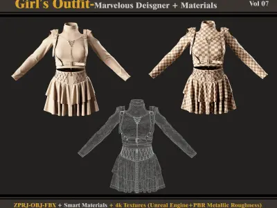 Girls Outfit-Marvelous Designer-Clo3D-Materials-textures-fbx-obj 3D model