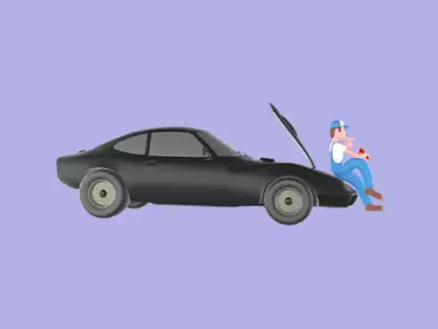 Stylized 3D Mechanic Sitting on Car Bumper - Cartoon 3D model