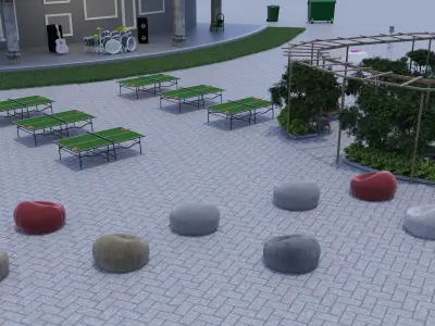 Street park with tables and chairs Low-poly 3D model