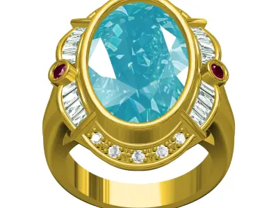 Aquamarine Stone Diamond Halo Art Deco Ring 3D print model