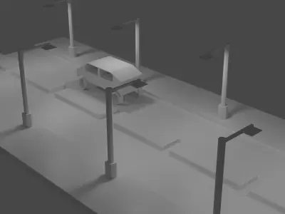 Toy car in road with street lights Low-poly 3D model