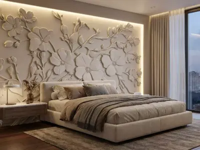 Modern Floral Relief Panel Wall Decor Set STL Mural CNC 323  3D model