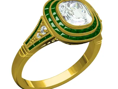 Cushion Stone Baguette Diamond Double Halo Art Deco Ring 3D print model