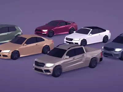 Low Poly Polygon Generic Cars SUV Pickup Sedan Hatchback Cartoon Low-poly 3D model