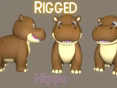 Rigged Cute Playful Brown Hippo Low-poly 3D model