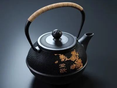 Oriental Iron Teapot - Black Green and Pink 3D model