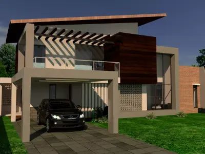 exterior modern house with car on lawn 3D model