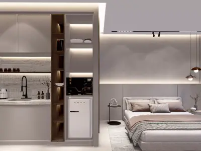Studio containing bedroom and a small kitchen sketchup file 3D model