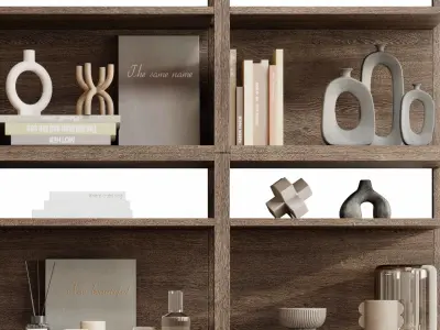 Decorative Set 004 - Wooden Shelves Decorative With Book Rack 3D model