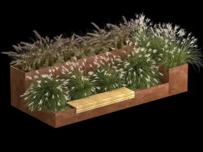 Flowerbed With Bushes In Rusty Flowerpots 1137 3D model