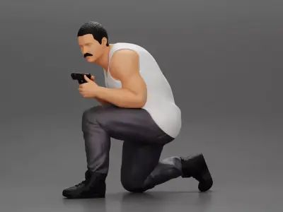 Gangster in pants sitting and holding a gun hides behind the car 3D print model