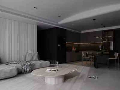Modern Minimalist Living Room 3d and Kitchen Interior 3d Model Low-poly 3D model