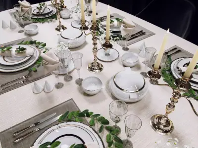 Tableware table setting with silverware and candlesticks 3D model