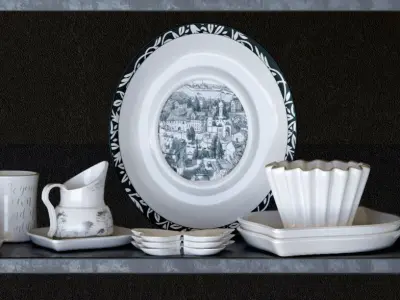 Set-141 dishes on shelf 3D model