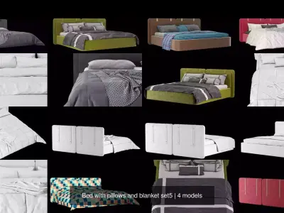 Bed with pillows and blanket 4 models of bed set 5 3D Model Collection