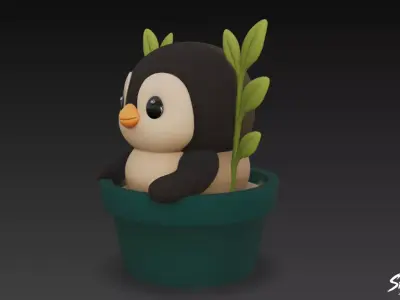 Penguin in Flower Pot Low-poly 3D model