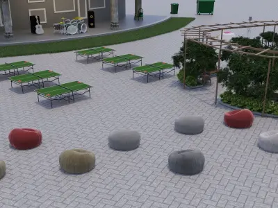 Street park with tables and chairs Low-poly 3D model