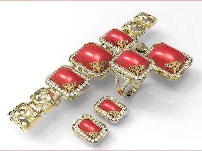 jewelry coral set with gold and diamonds Free 3D model