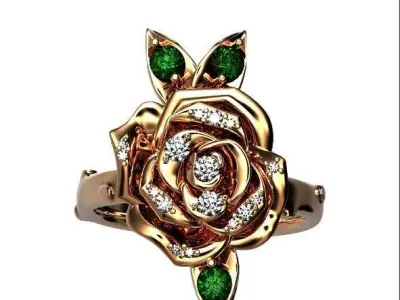 luxury flower rose ring with leaves and stones 3D print model