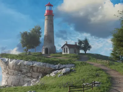 High-Quality Nature Scene with Lighthouse on Cliff   Free 3D model