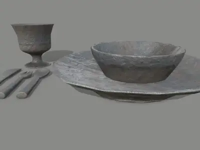 Medieval Set wooden chair Low-poly 3D model