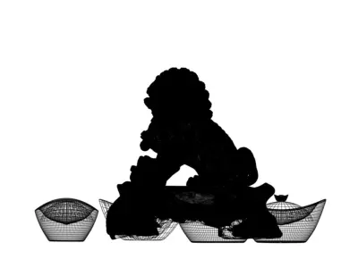 Chinese gold ingot with lion status 3D model