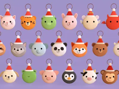 Christmas Animal Wall Hook Set Cute Holiday Decoration Low-poly 3D model