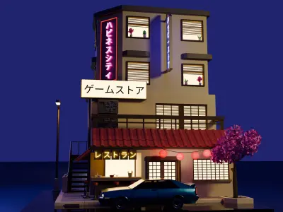 Stylized Japanese City Building Low-poly 3D model
