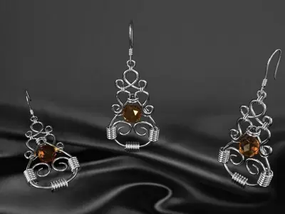 earrings silver with citrine gemstones 3D model