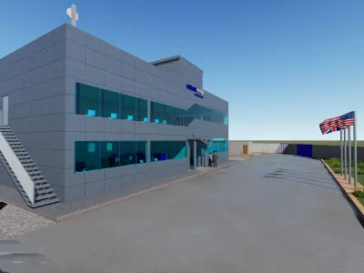 office building with flags Low-poly 3D model