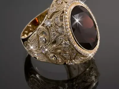 Classic ring with oval garnet and diamonds 3D print model