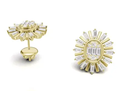 Oval Sunburst Baguette Diamond Stud Earrings 3D print model