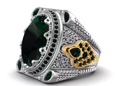 Turkish King Crown Ottoman Oval Green Emerald Stone Mans Ring 3D print model