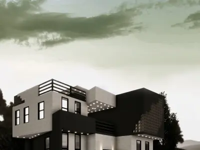 residential modern house with birds flying in sky 3D model