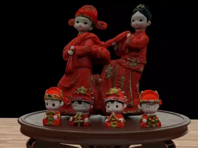 Chinese wedding doll collection with round display stand   3D model