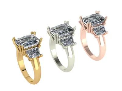 Emerald cut 3 stone diamond ring 3D print model