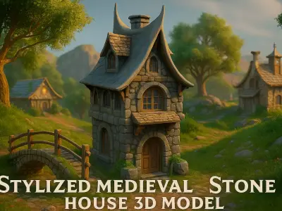 Stylized Medieval Stone House Low-poly 3D model