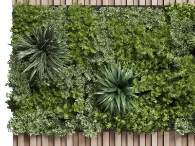 Wooden Panels and Vertical Wall Garden collection of houseplant 3D model