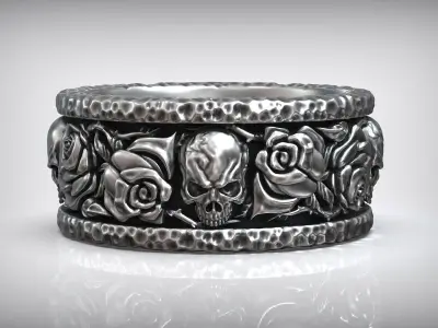 Forged Roses Skull Pattern Hammered Ring 3D print model